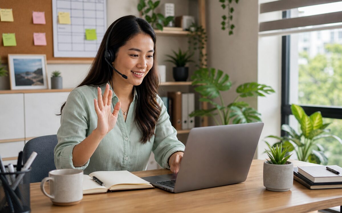 Filipina remote worker succeeding from a home office