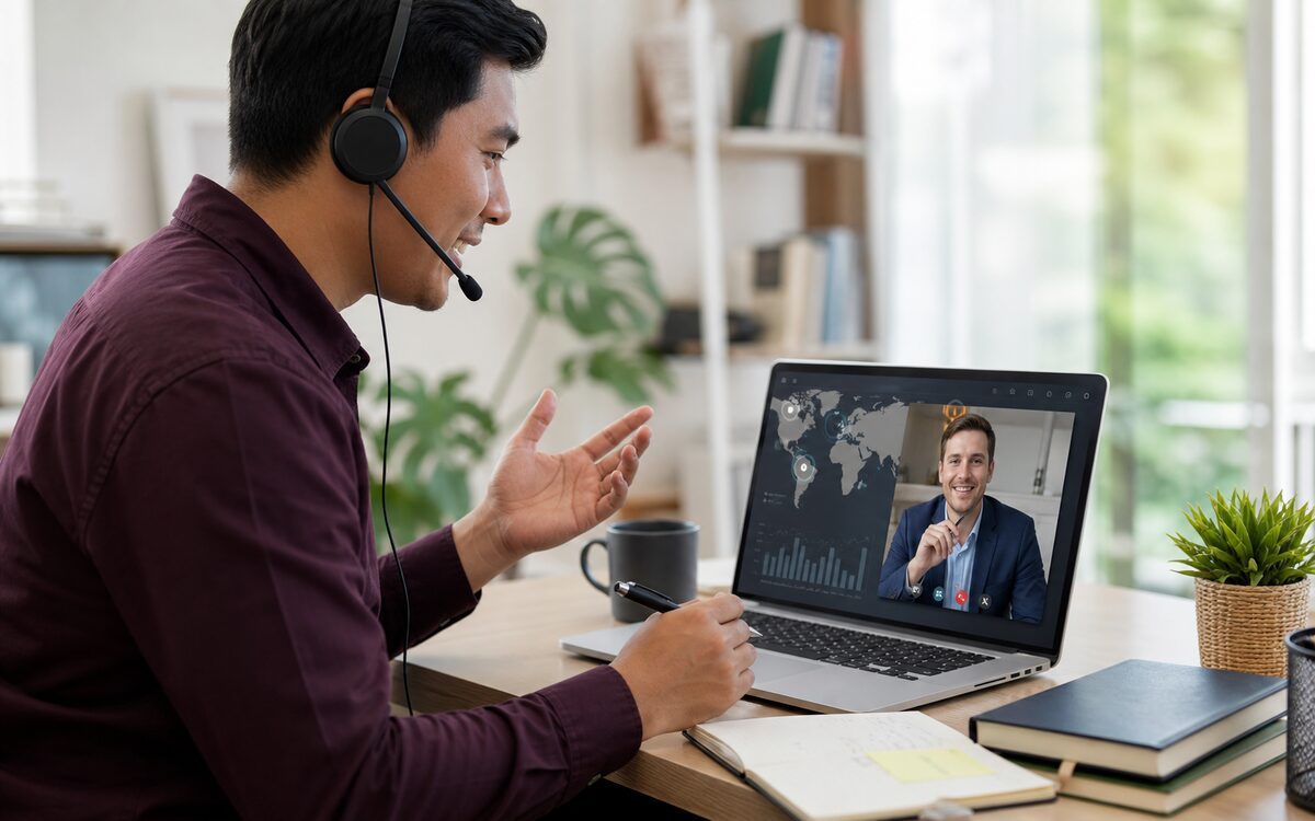 Filipino professional collaborating with an international client online