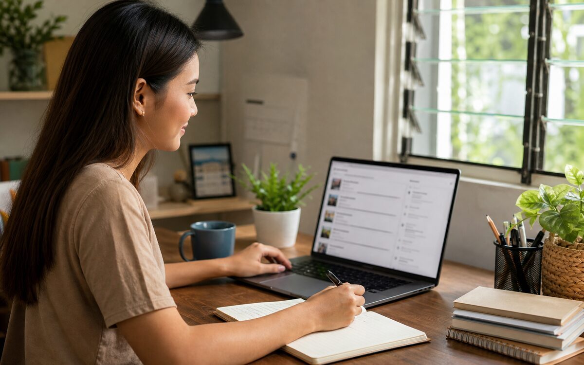Filipino professional browsing remote job opportunities from home