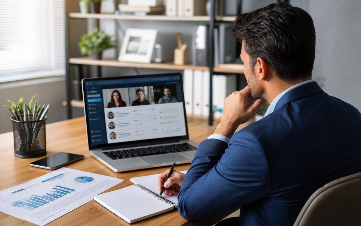 Employer reviewing remote candidate profiles on a laptop