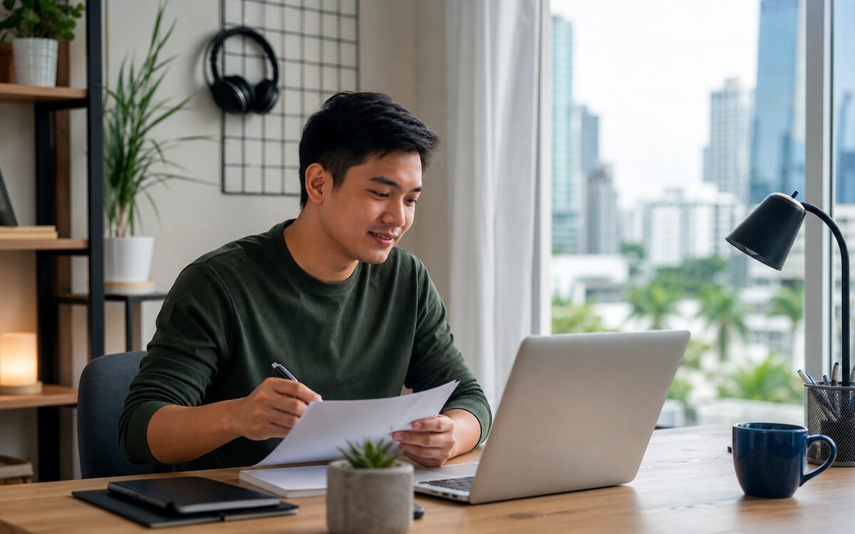 Filipino remote professional preparing job application notes beside a laptop