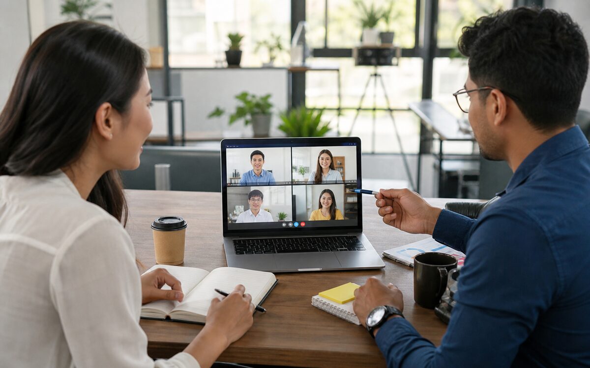 Hiring team reviewing remote candidates on a laptop video call